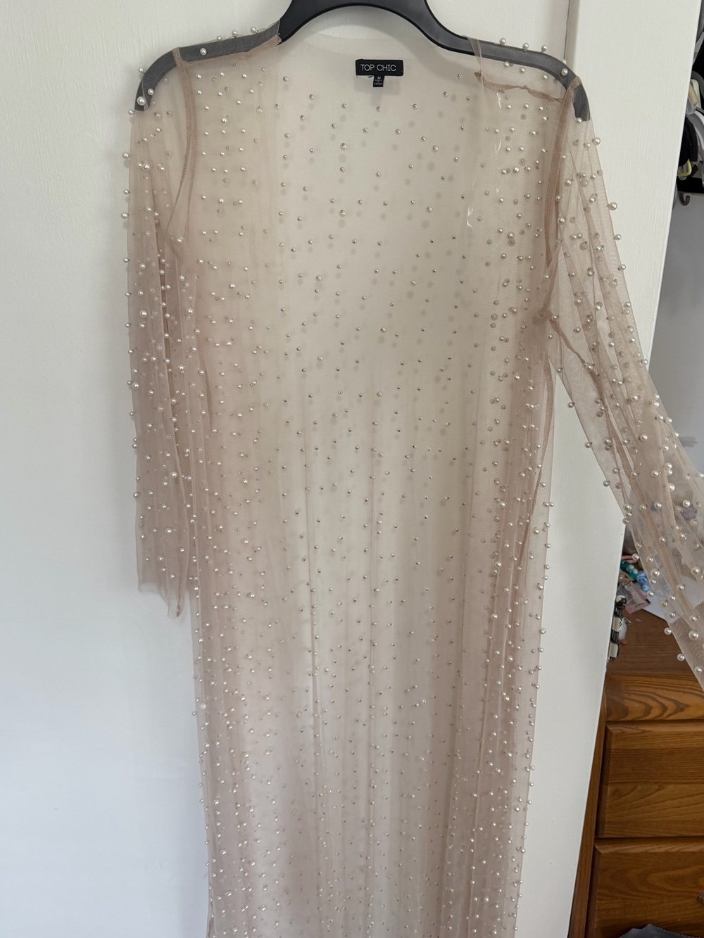 Pearl-Embellished Nude Mesh cardigan